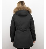 MATOGLA Bontjassen - Dames Winterjas Wooly Lang - Bontkraag - Parka Steekzakken - Zwart