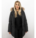 MATOGLA Bontjassen - Dames Winterjas Wooly Lang - Bontkraag - Parka Steekzakken - Zwart