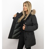 MATOGLA Bontjassen - Dames Winterjas Wooly Lang - Bontkraag - Parka Steekzakken - Zwart