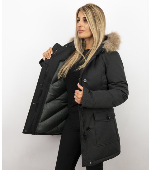 MATOGLA Bontjassen - Dames Winterjas Wooly Lang - Bontkraag - Parka Steekzakken - Zwart