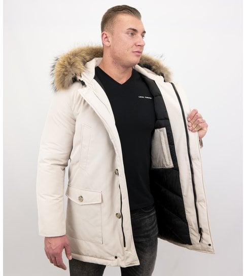 Enos  Heren Winterjas Parka met Grote Echte Bontkraag – Beige