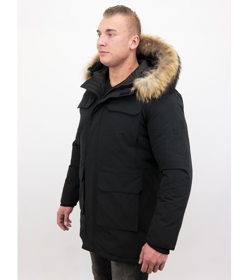 Enos  Heren Parka Winterjas met Grote Echte Bontkraag – Zwart