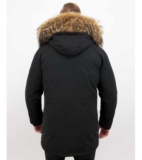 Enos  Heren Parka Winterjas met Grote Echte Bontkraag – Zwart