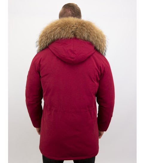 Enos Parka Heren Winterjas met Grote Echte Bontkraag – Rood