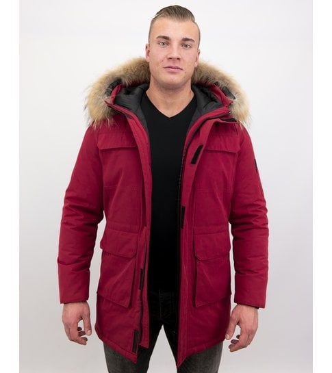 Enos Parka Heren Winterjas met Grote Echte Bontkraag – Rood