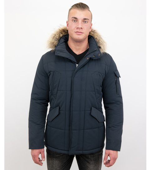 Beluomo Lange Donkerblauwe Winterjas Heren - Mannen Parka  met Bontkraag