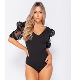 PARISIAN Flock Print Sheer Sleeve Plunge Neck Bodysuit - Dames  - Zwart