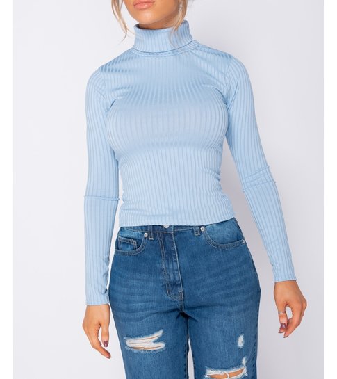 PARISIAN Rib Knit Polo Neck Long Sleeve Top -Dames Top - Blauw