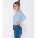 PARISIAN Rib Knit Polo Neck Long Sleeve Top -Dames Top - Blauw