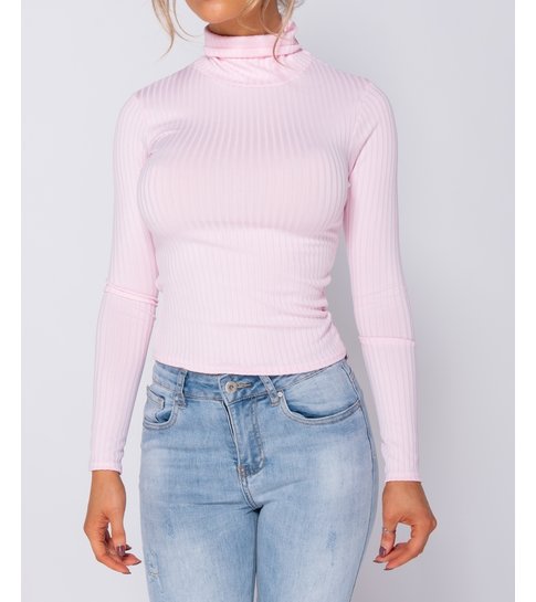 PARISIAN Rib Knit Polo Neck Long Sleeve -Dames Top - Roze