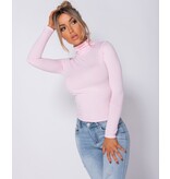 PARISIAN Rib Knit Polo Neck Long Sleeve -Dames Top - Roze