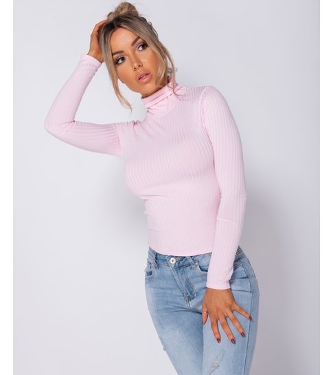 PARISIAN Rib Knit Polo Neck Long Sleeve -Dames Top - Roze