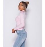 PARISIAN Rib Knit Polo Neck Long Sleeve -Dames Top - Roze