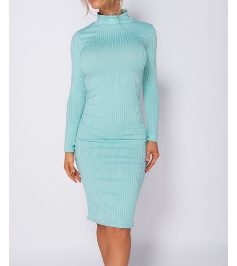 PARISIAN Rib Knit Polo Neck Long Sleeve Midi Dress  - Dames - Mint