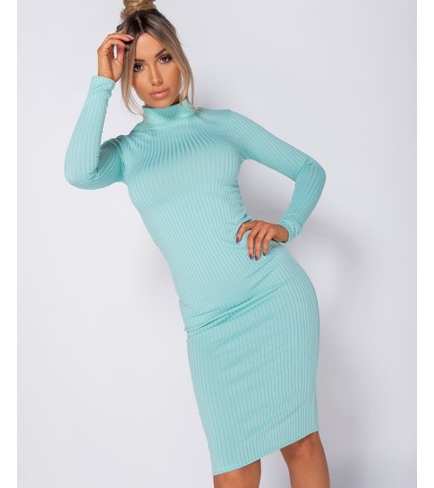 PARISIAN Rib Knit Polo Neck Long Sleeve Midi Dress  - Dames - Mint