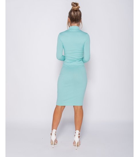 PARISIAN Rib Knit Polo Neck Long Sleeve Midi Dress  - Dames - Mint