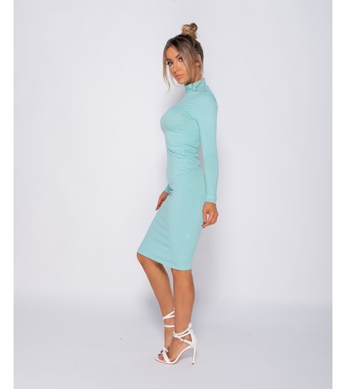 PARISIAN Rib Knit Polo Neck Long Sleeve Midi Dress  - Dames - Mint