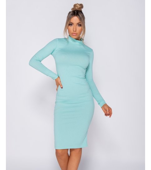 PARISIAN Rib Knit Polo Neck Long Sleeve Midi Dress  - Dames - Mint