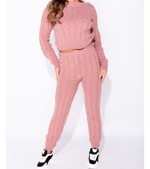 PARISIAN Cable Knit Long Sleeve Top & Legging Lounge Set  - Dames  - Roze