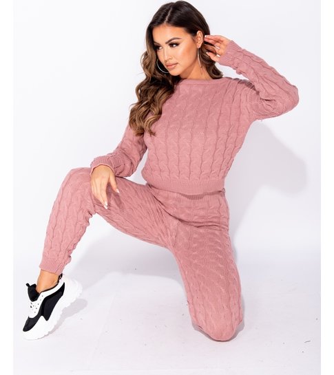 PARISIAN Cable Knit Long Sleeve Top & Legging Lounge Set  - Dames  - Roze
