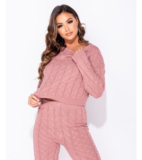 PARISIAN Cable Knit Long Sleeve Top & Legging Lounge Set  - Dames  - Roze