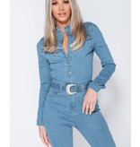 PARISIAN Western Belt Detail Long Sleeve Denim Jumpsuit  - Dames  - Blauw