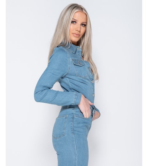 PARISIAN Western Belt Detail Long Sleeve Denim Jumpsuit  - Dames  - Blauw