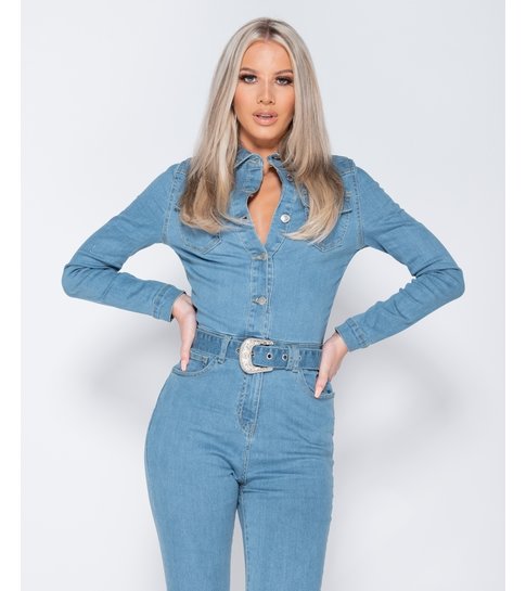 PARISIAN Western Belt Detail Long Sleeve Denim Jumpsuit  - Dames  - Blauw