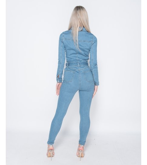 PARISIAN Western Belt Detail Long Sleeve Denim Jumpsuit  - Dames  - Blauw