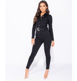 PARISIAN Western Belt Detail Long Sleeve Denim Jumpsuit  - Dames  - Zwart