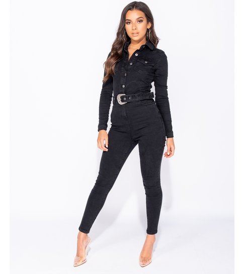 PARISIAN Western Belt Detail Long Sleeve Denim Jumpsuit  - Dames  - Zwart