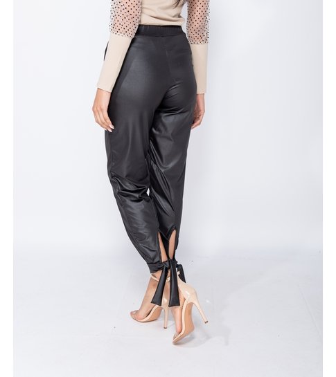 PARISIAN Wet Look Tie Up Hem Tapered Trousers  - Dames  - Zwart