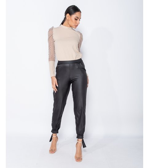 PARISIAN Wet Look Tie Up Hem Tapered Trousers  - Dames  - Zwart