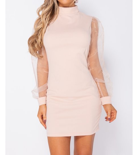 PARISIAN Organza Sheer Puff Long Sleeve Bodycon Mini Dress  - Dames  - Roze