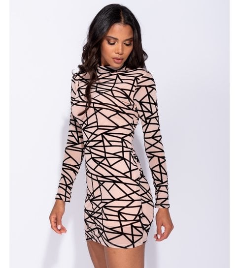 PARISIAN Abstract Print Long Sleeved Mesh Bodycon Dress  - Dames  - Roze