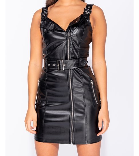 PARISIAN Leather Look Biker Style Bodycon Mini Dress  - Dames  - Zwart