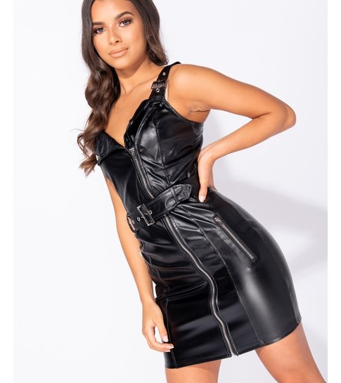 PARISIAN Leather Look Biker Style Bodycon Mini Dress  - Dames  - Zwart