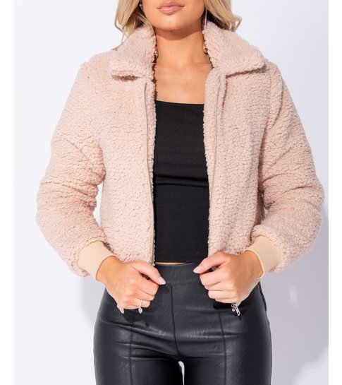 PARISIAN Borg Fur Zip Front Bomber Jacket - Dames  - Roze