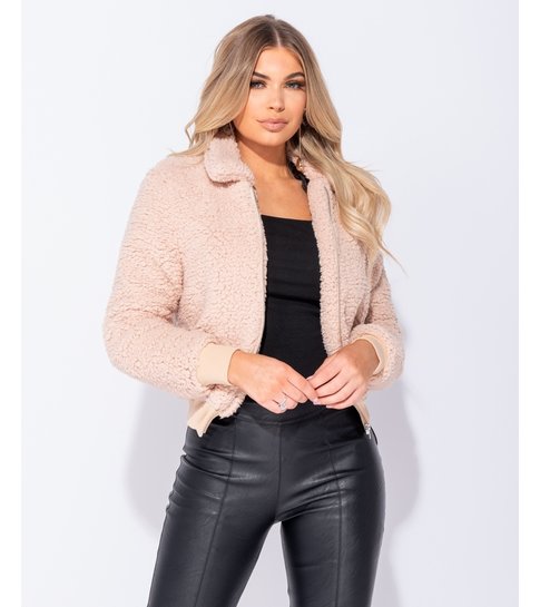 PARISIAN Borg Fur Zip Front Bomber Jacket - Dames  - Roze