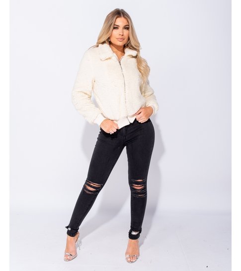 PARISIAN Borg Fur Zip Front Bomber Jacket - Dames  - Beige