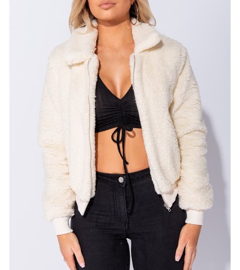 PARISIAN Borg Fur Zip Front Bomber Jacket - Dames  - Beige