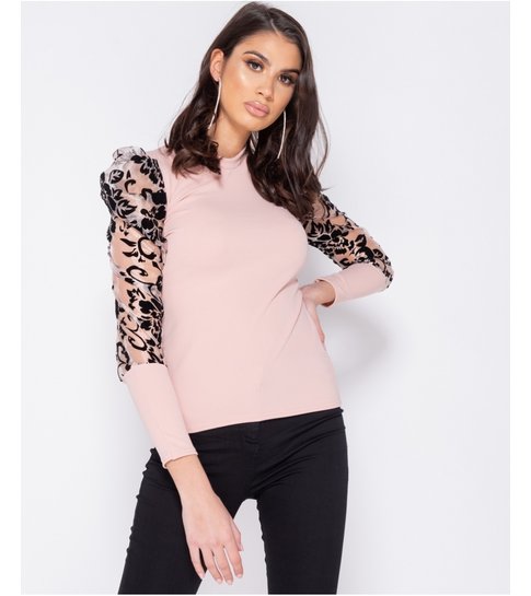 PARISIAN Sheer Flock Print Organza Sleeve High Neck Top - Dames  - Roze