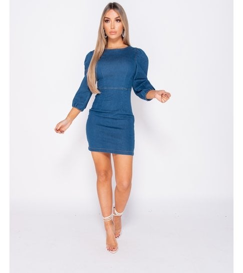 PARISIAN Puffed Sleeve Denim Bodycon Dress - Dames  - Blauw