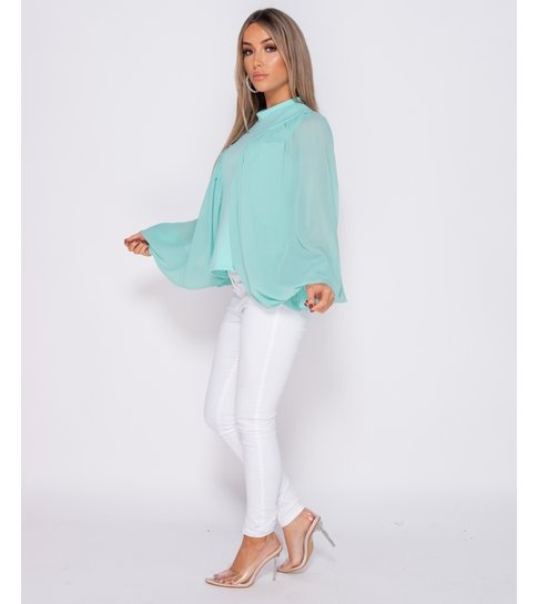 PARISIAN Batwing Chiffon Sleeve High Neck Blouse - Dames  - Groen