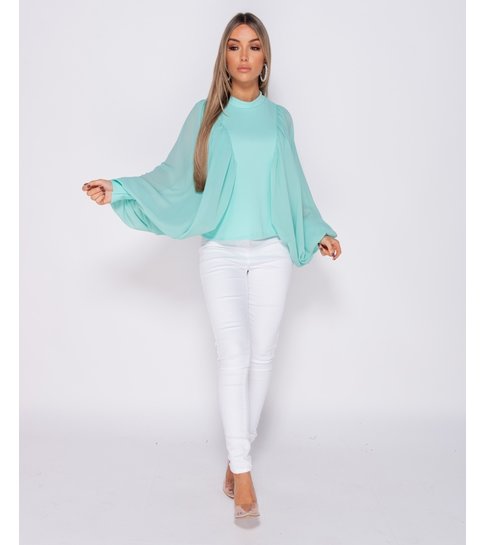 PARISIAN Batwing Chiffon Sleeve High Neck Blouse - Dames  - Groen