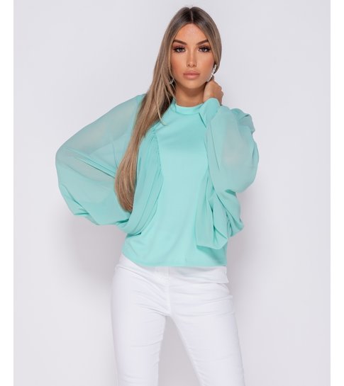 PARISIAN Batwing Chiffon Sleeve High Neck Blouse - Dames  - Groen