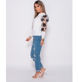 PARISIAN Floral Flock Print Puffed Sleeve High Neck Tops - Dames  - Wit