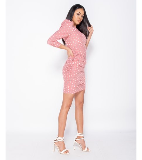 PARISIAN Polka Dot Puff Sleeve Ruching Detail Bodycon Dress  - Roze