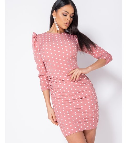 PARISIAN Polka Dot Puff Sleeve Ruching Detail Bodycon Dress  - Roze