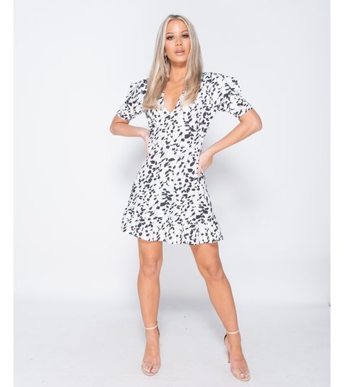 PARISIAN Printed Puff Sleeve Frill Hem V Neck Mini Dress  - Dames - Wit